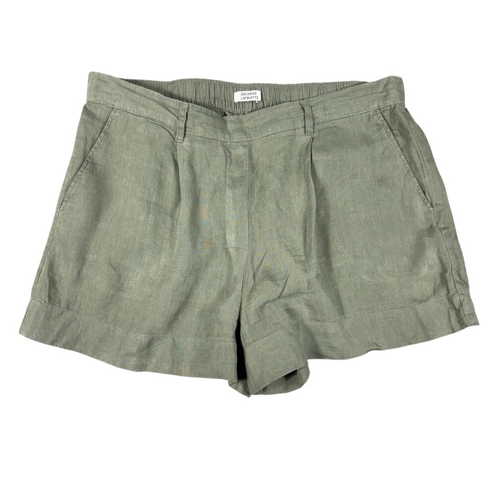 Galeries Lafayette 100% Linen Pleated Shorts Olive Green Quiet Luxury Coastal